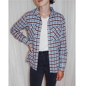 J CREW RED WHITE AND BLUE BOYFRIEND FIT FLANNEL